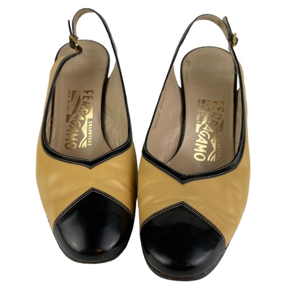 Vintage Salvatore Ferragamo Sling-back Black Tan Career Heels 8B Made In Italy - Picture 12 of 15